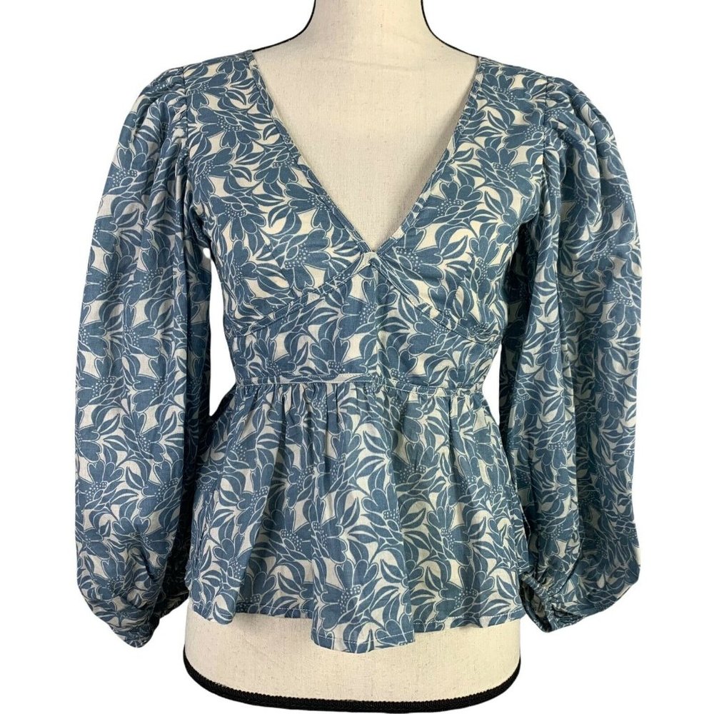 Olivaceous Boho Crop Blouse Women Small V-neck Open Back Balloon Sleeves Floral